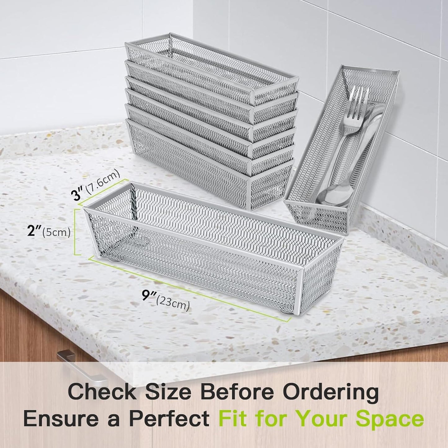 Neudeco Silverware Drawer Organizer - 5 Compartment Cutlery Tray with Non-Slip Feet, Mesh Wire Flatware Storage Divider for Kitchen, Bedroom, Living Room (Silver)