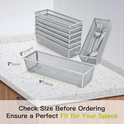 Neudeco Silverware Drawer Organizer - 5 Compartment Cutlery Tray with Non-Slip Feet, Mesh Wire Flatware Storage Divider for Kitchen, Bedroom, Living Room (Silver)