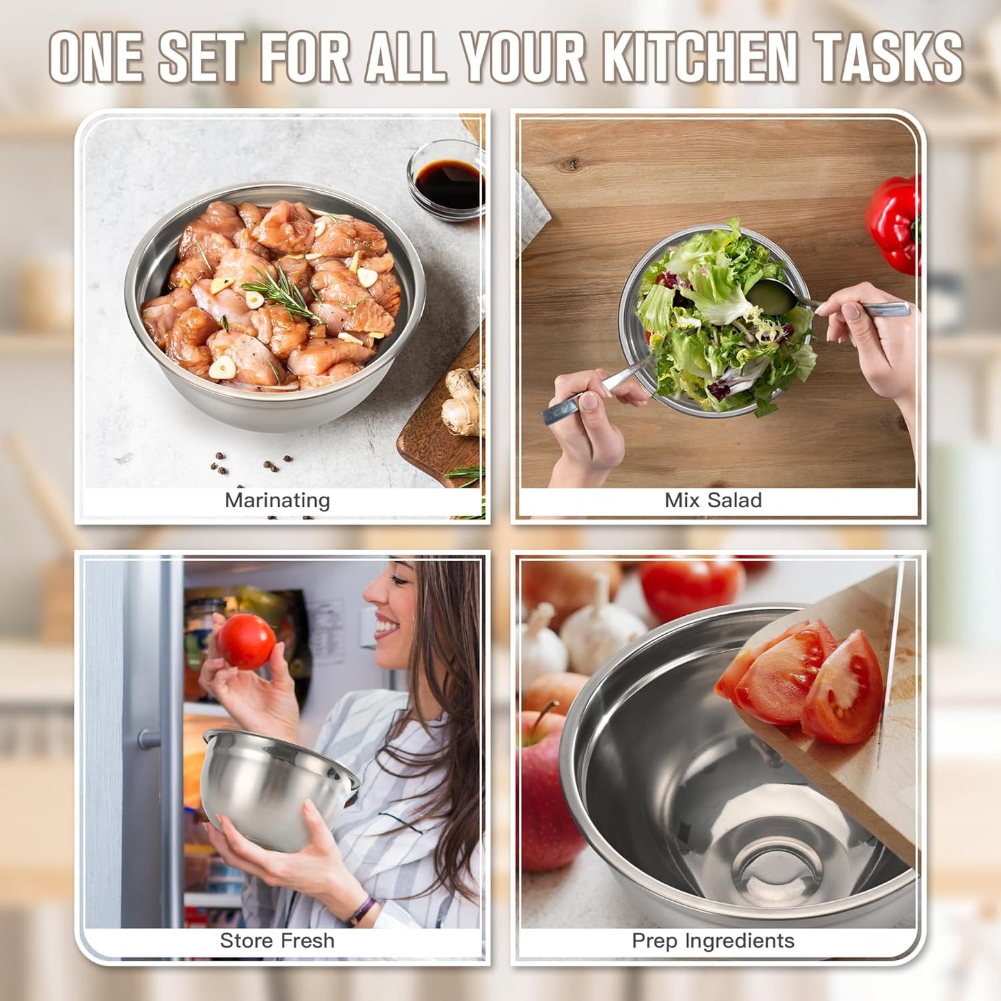 31PCS Mixing Bowls with Lids Set, 5.5QT to 0.6QT Stainless Steel Nesting Bowls with Graters, Large Khaki Bowls & 21 Measuring Cups and Spoons Set Kitchen Appliances for Mixing, Baking, Food Storage