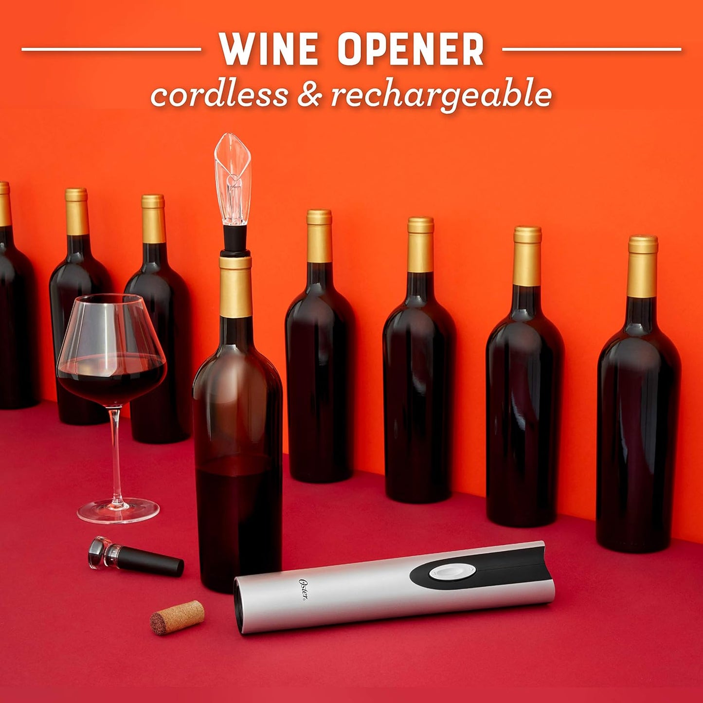 Oster Cordless Electric Wine Bottle Opener with Foil Cutter, Silver
