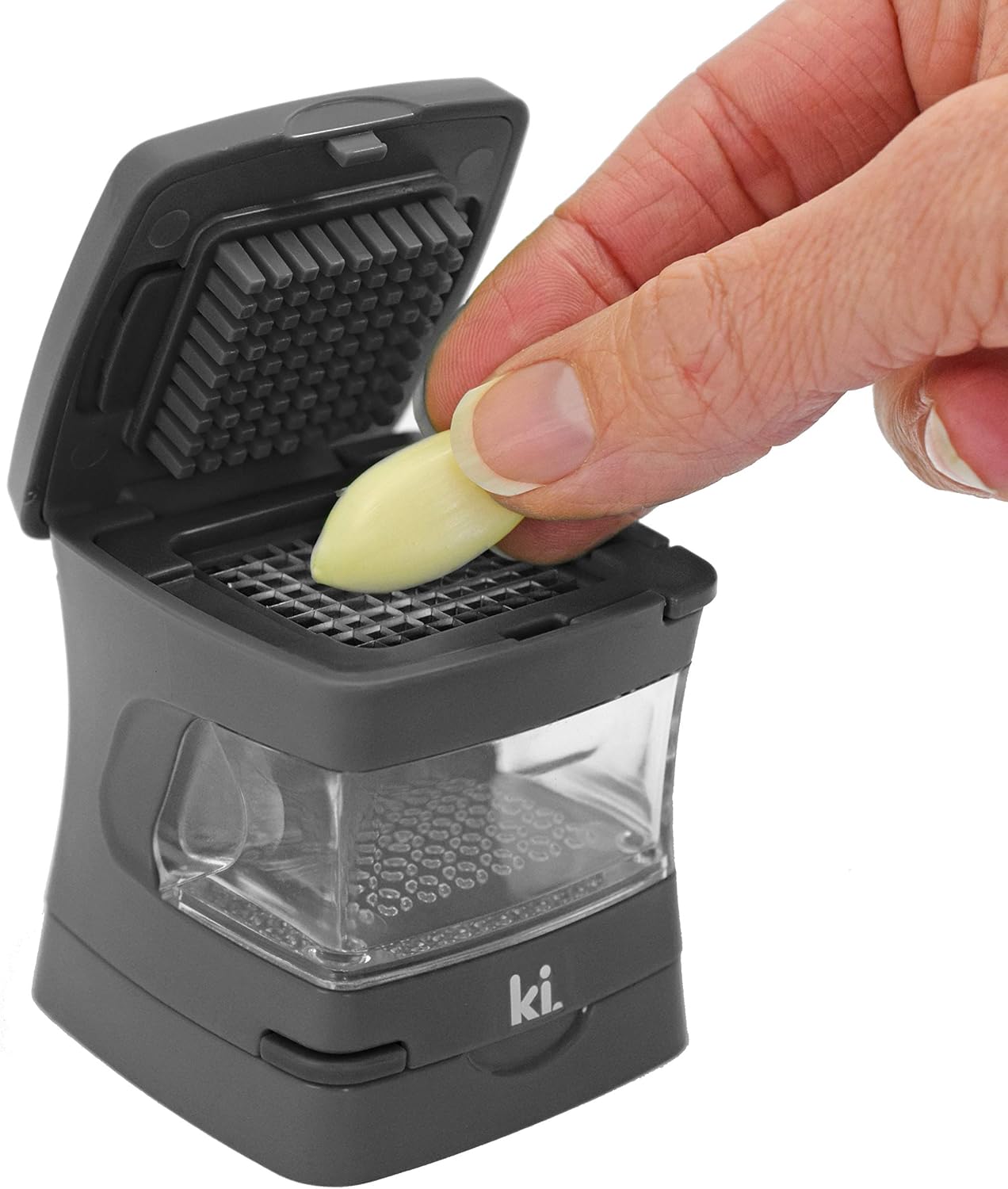 Garlic-A-Peel Garlic Press, Crusher, Cutter, Mincer, and Storage Container - Includes Silicone Garlic Peeler - Easy to Clean - Stainless Steel Blades – (Black), standard