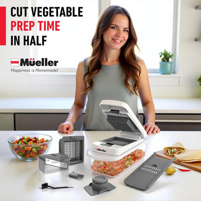Mueller Pro-Series 10-in-1, 8 Blade Vegetable Chopper, Onion Mincer, Cutter, Dicer, Egg Slicer with Container, French Fry Cutter Potato Slicer, Home Essentials, Salad Chopper White Sand/Green