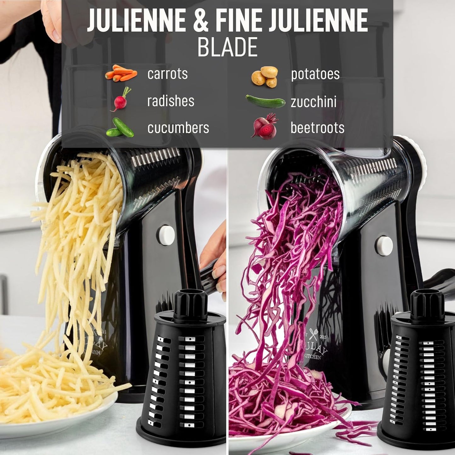 Zulay Kitchen Rotary Cheese Grater 5 Blade Cheese Shredder - Manual Hand Crank Cheese Grater With Reinforced Suction & 5 Interchangeable Drums - Easy to Use, Vegetable Chopper Round Mandoline Slicer - Colors A