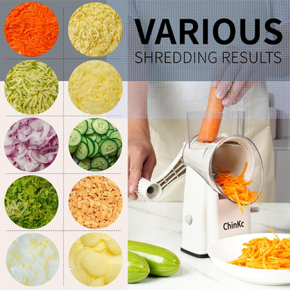 Upgrade Rotary Cheese Grater Shredder with Handle, Strong Suction Base, Multi-purpose Rotary Grater Slicer with 5 Interchangeable Blades for Ice, Vegetables, Fruit, Nuts with Blade Storage Box
