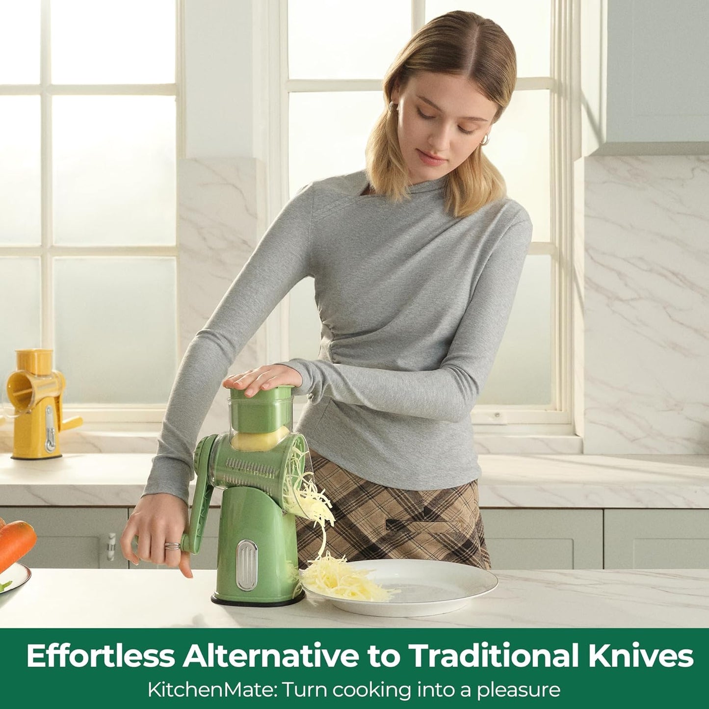 SUSTEAS Rotary Cheese Grater with Handle - Vegetable Shredder with 5 Well-designed Blades & Strong Suction Base,Round Mandoline Slicer & Food Chopper for Kitchen,with Blade Storage Box(Beige)