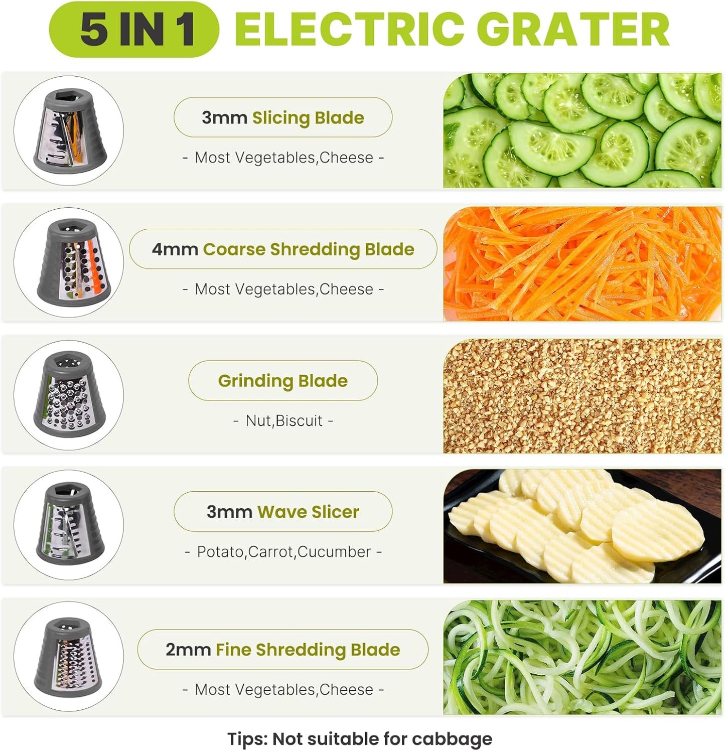 Mokero 5 in 1 Electric Cheese Grater for Block Cheese, Kitchen Automatic Cheese Shredder & Salad Shooter, Easy to Clean Vegetable Chopper for Cheese,Cucumber, Potato, Carrots, Nut