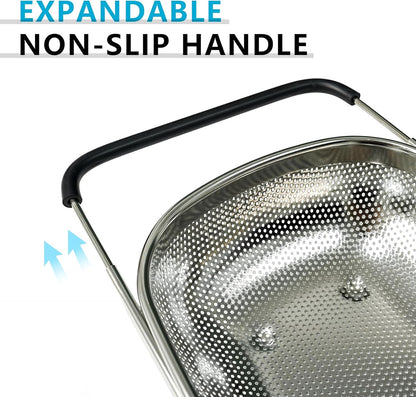 GREATLINK Over Sink Expandable Colander - Fine Mesh Strainer Basket with Extendable Handles for Kitchen, 6QT Vegetable Fruit Pasta Strainer for Washing Rice, Kitchen Colander
