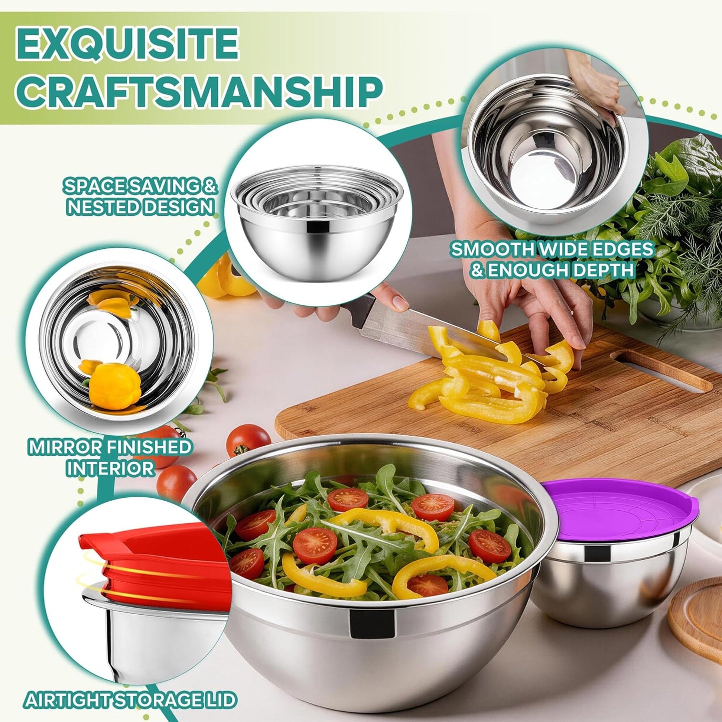 E-far Mixing Bowls with Lids, 6-Piece Stainless Steel Salad Bowls Metal Nesting Bowls for Baking Cooking and Prepping, Airtight Lids & Stackable Design, Size 4.5, 3, 1.5 QT (Black)