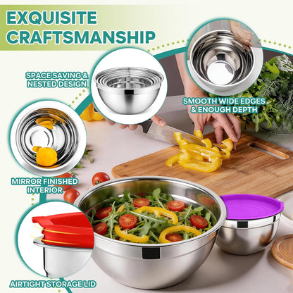 E-far Mixing Bowls with Lids, 6-Piece Stainless Steel Salad Bowls Metal Nesting Bowls for Baking Cooking and Prepping, Airtight Lids & Stackable Design, Size 4.5, 3, 1.5 QT (Black)