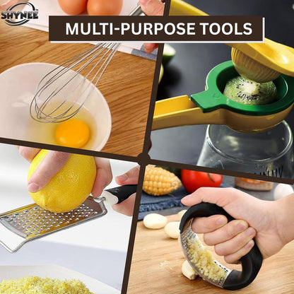 4PCs Kitchen Essentials Set – Premium Quality Lemon Squeezer, Garlic Press, Stainless Steel Whisk, Multi-Use Grater, Cheese Grater – Durable, Easy to Clean Cooking Tools Set for Everyday Meal Prep