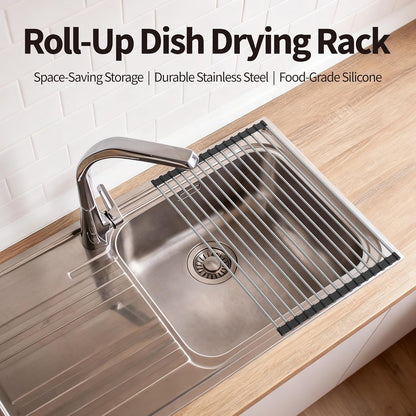 Roll Up Dish Drying Rack for Over Sink - 17.5"x15.7" Foldable Stainless Steel Kitchen Drainer, Black