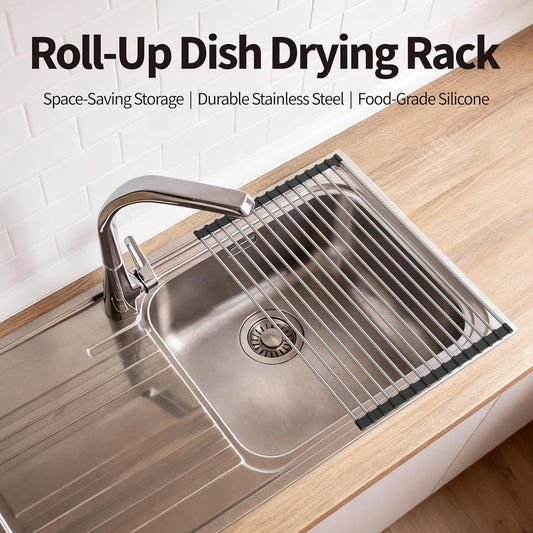 Roll Up Dish Drying Rack for Over Sink - 17.5"x15.7" Foldable Stainless Steel Kitchen Drainer, Black