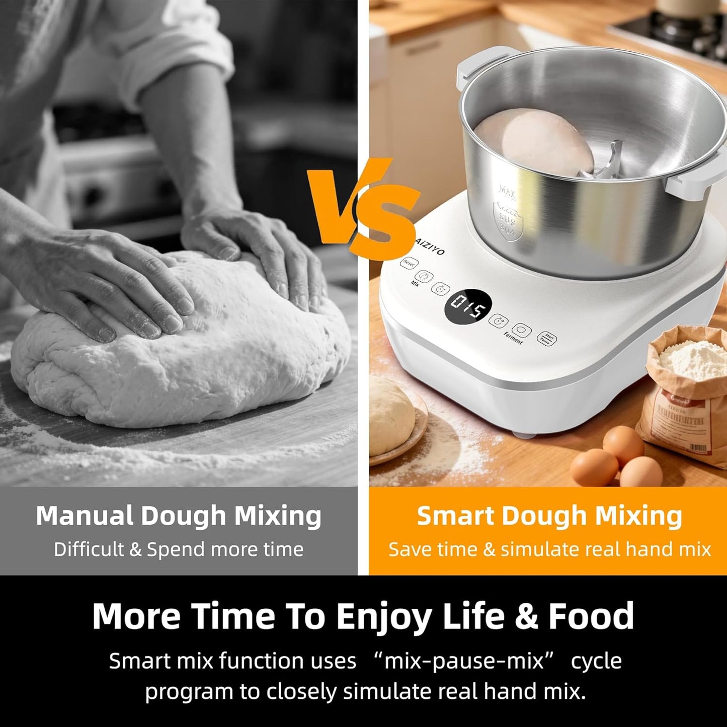 AIZIYO DoughChief, 5.3QT Dough Maker, Dough Mixer with Ferment Function, 304 Stainless Steel Bowl, Removeable lid, Face-up Touch Panel, Electric Stand mixer for Pizza, Bread, Pasta & Mochi