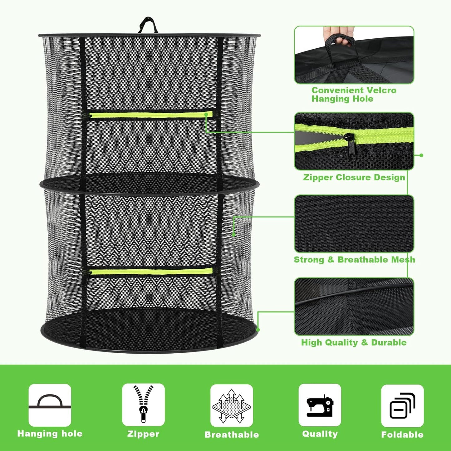 MEKOLIFE Herb Drying Rack Hanging-8 Layer, Collapsible Large Capacity Mesh Net with Green Zipper, Hooks & Bonus Garden Scissors, for Fresh Herbs/Flowers/Plants, Indoor Outdoor Use (23.62")