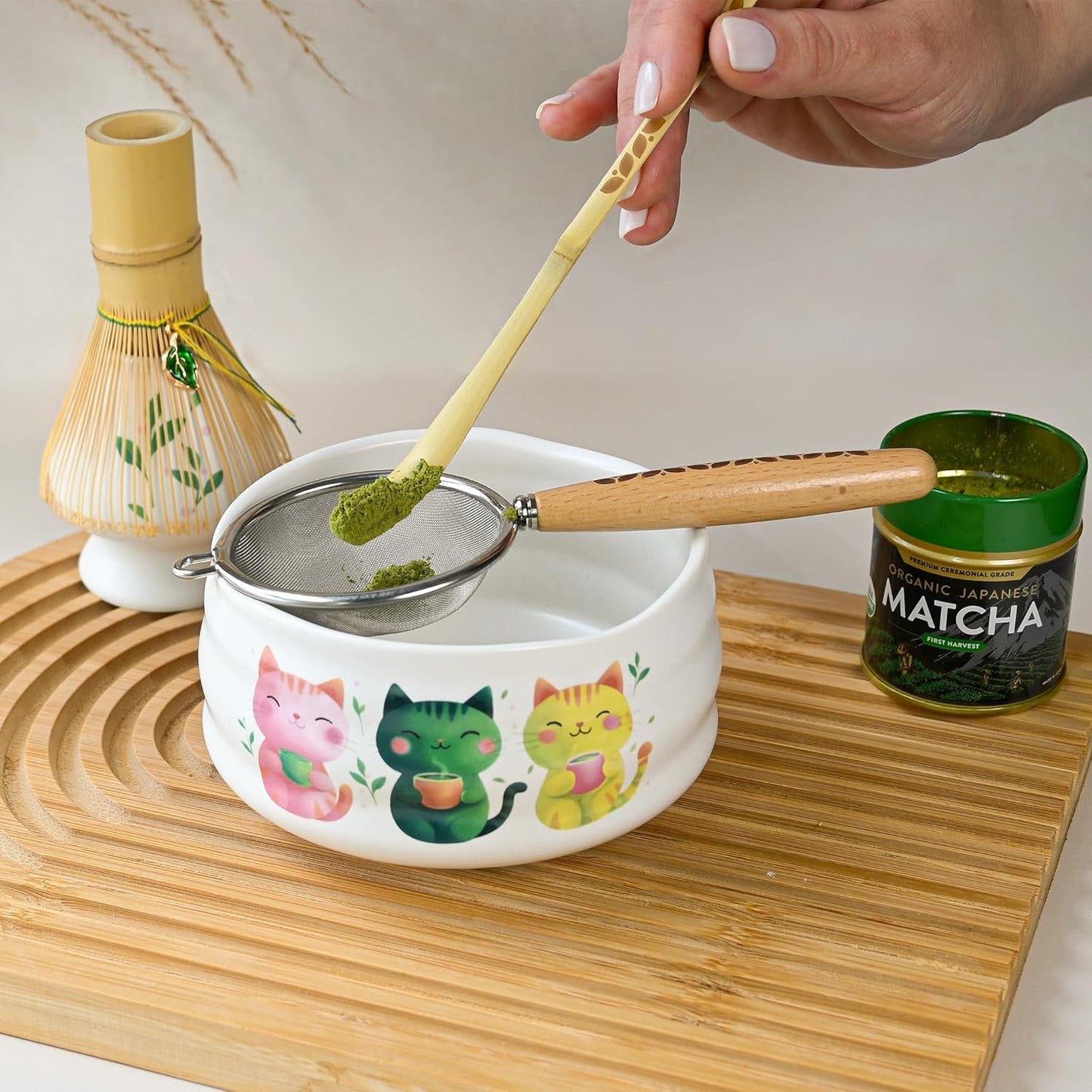 Aprika Life Matcha Bamboo Whisk Set with Holder | 100 Prong Chasen, Bamboo Scoop & Glass Whisk Holder | Matcha Whisk and Holder Starter Kit