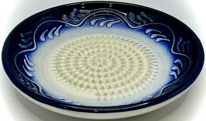 BonCera, All-in-one Premium Ceramic Garlic Grater Plate 4-Piece Set - Dark Blue Floral Edge Design - For Garlic, Ginger, Chocolate, and more! - Comes with 5" Plate, Peeler, Brush, and Stand