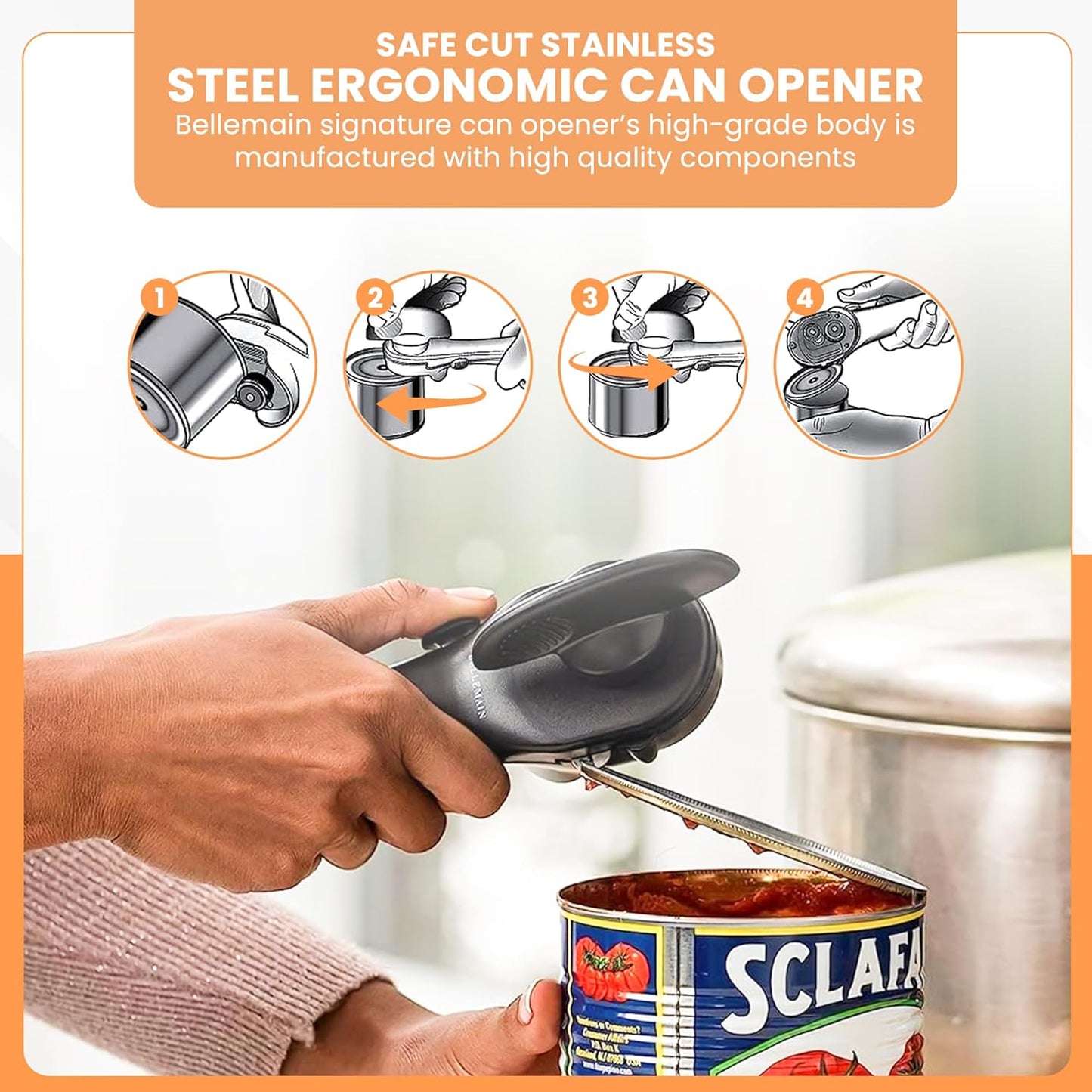 Bellemain- Safe Cut Stainless Steel Ergonomic Can Opener, Manual, Smooth Edge Perfect For Home Chefs and Restauraunts