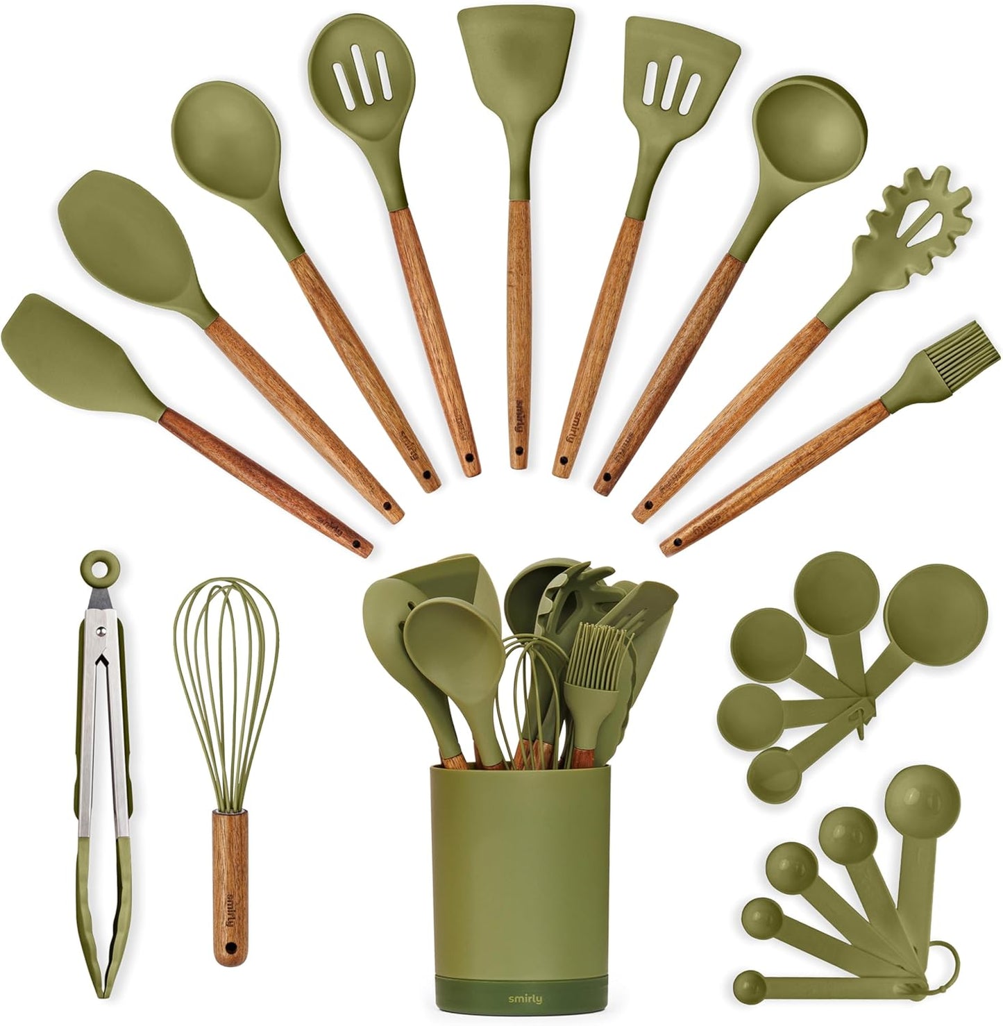 SMIRLY Kitchen Utensils Set – 22-Piece Silicone Cooking Utensils Set, Spatula Set with Holder, Wooden Handle Silicone Kitchen Gadgets for Nonstick Cookware
