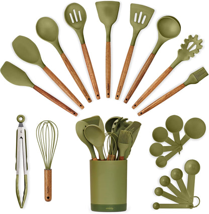 SMIRLY Kitchen Utensils Set – 22-Piece Silicone Cooking Utensils Set, Spatula Set with Holder, Wooden Handle Silicone Kitchen Gadgets for Nonstick Cookware