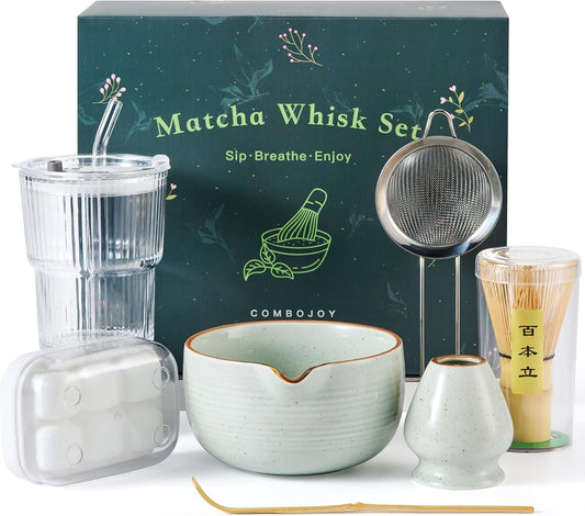ComboJoy Matcha Whisk Set, Complete Matcha Kit with Bowl, Bamboo Whisk & Holder, Scoop, Sifter, Glass Cup with Lid & Straw, Ice Cube Tray – Matcha Gift Set for Matcha Lovers
