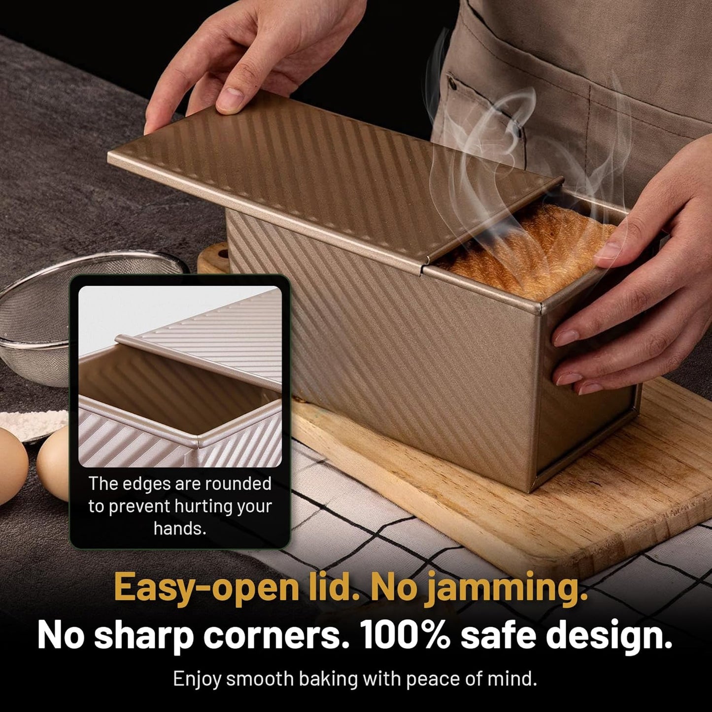 5-Pack Pullman loaf pan with Lid – Sourdough Loaf Pan Set, Includes Dough Scraper, Whisk, Silicone Cleaning Brush & Bread Cutter – Long Loaf Pan with Lid for Homemade Loaf