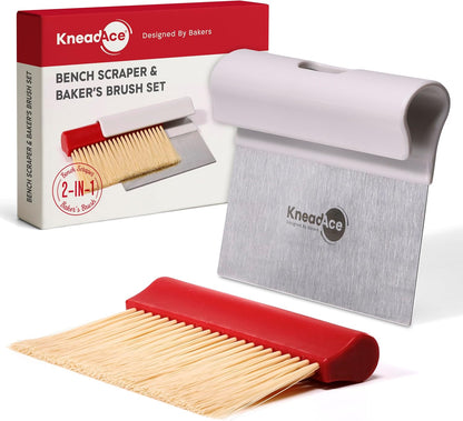 KneadAce Dough Scraper & Baker’s Brush Set. Stainless Steel Bench Scraper & Flour Cleaning Brush. Kitchen Tool for Pastry, Sourdough and Baking Prep Bread Dough Cutter, Gift For Bakers (White/Red)