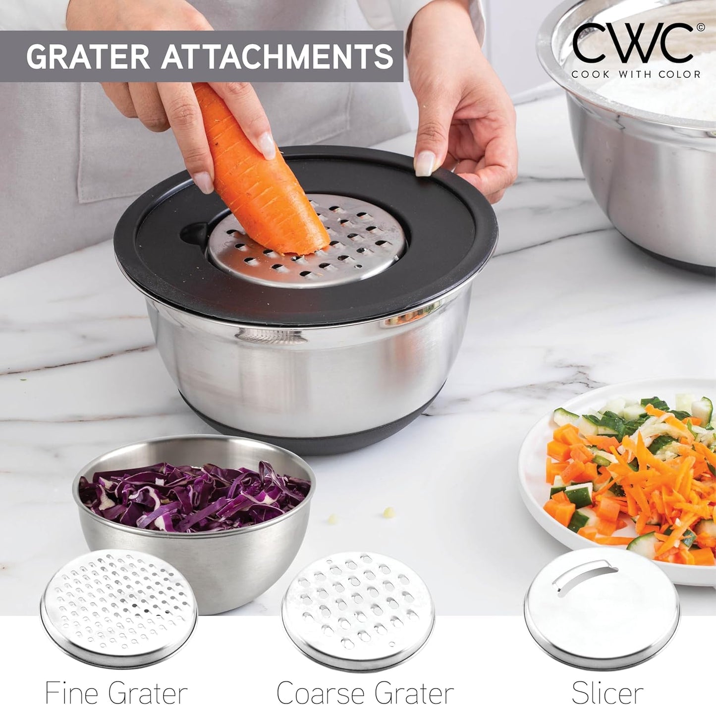 COOK WITH COLOR Stainless Steel Mixing Bowls Set with Lids - Nesting Bowls with Non-Slip Bottom, Silver, 14 Pieces