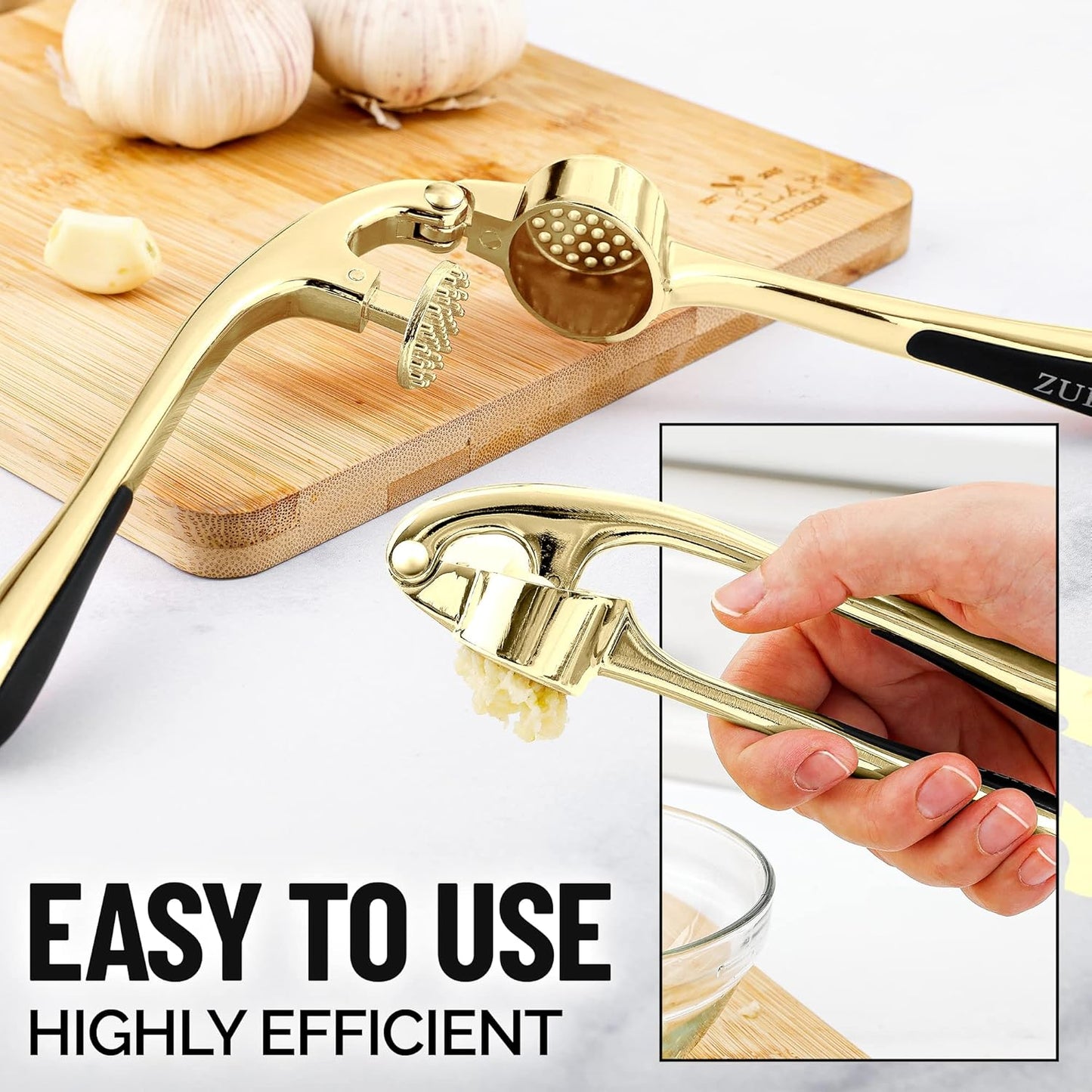 Zulay Kitchen Premium Garlic Press Set - Rust Proof Professional Garlic Mincer Tool - Easy-Squeeze, Easy-Clean with Soft, Ergonomic Handle - Silicone Garlic Peeler & Brush (Silver)