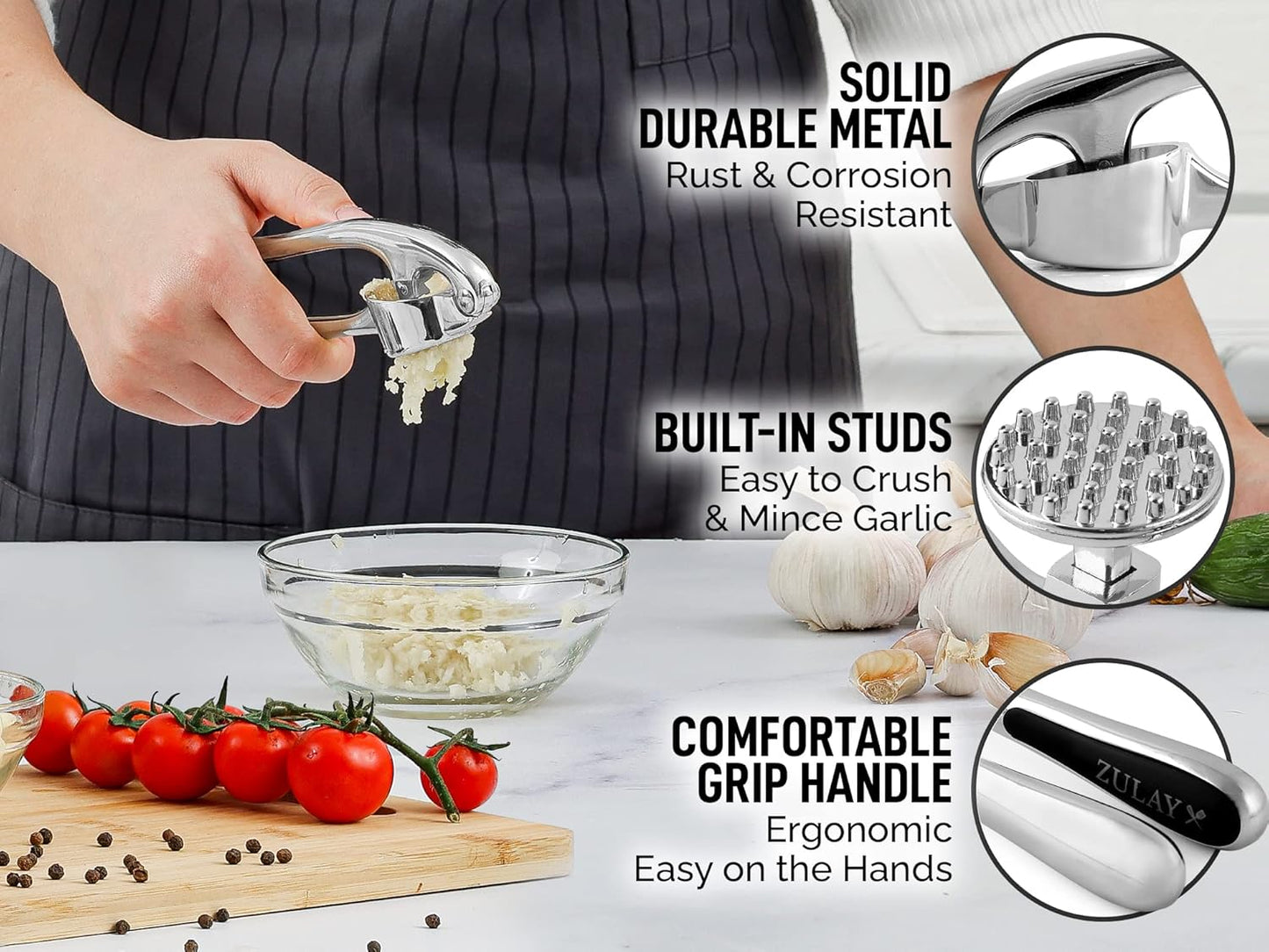 Zulay Kitchen Premium Garlic Press Set - Rust Proof Professional Garlic Mincer Tool - Easy-Squeeze, Easy-Clean with Soft, Ergonomic Handle - Silicone Garlic Peeler & Brush (Silver)
