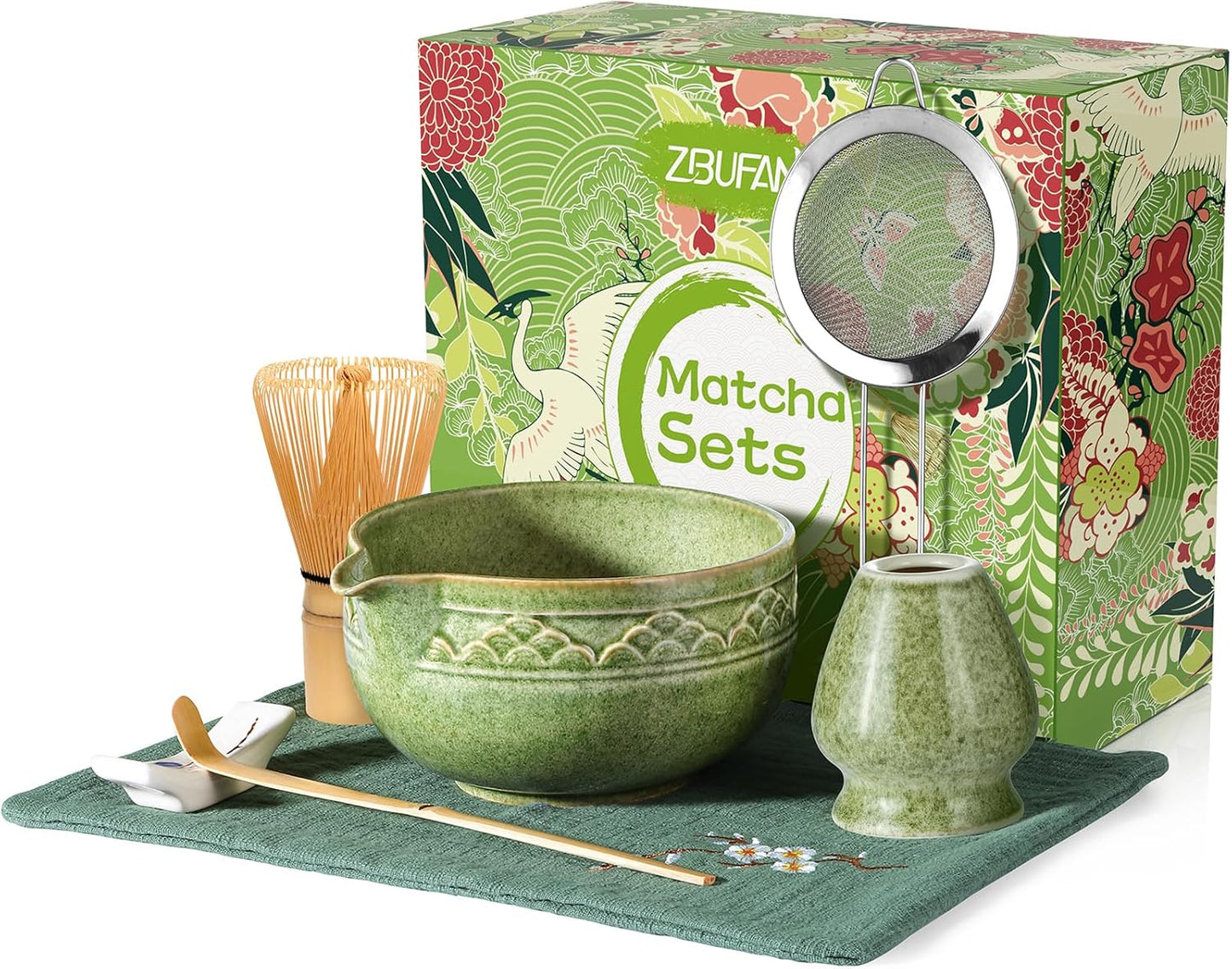 Matcha Whisk Set, ZBUFAN 7 Pcs Green Matcha Kit with Bamboo Whisk(Chasen) and Holder, Ceramic Matcha Bowl with Spout, Japanese Tea Set with Matcha Sifter and Scoop