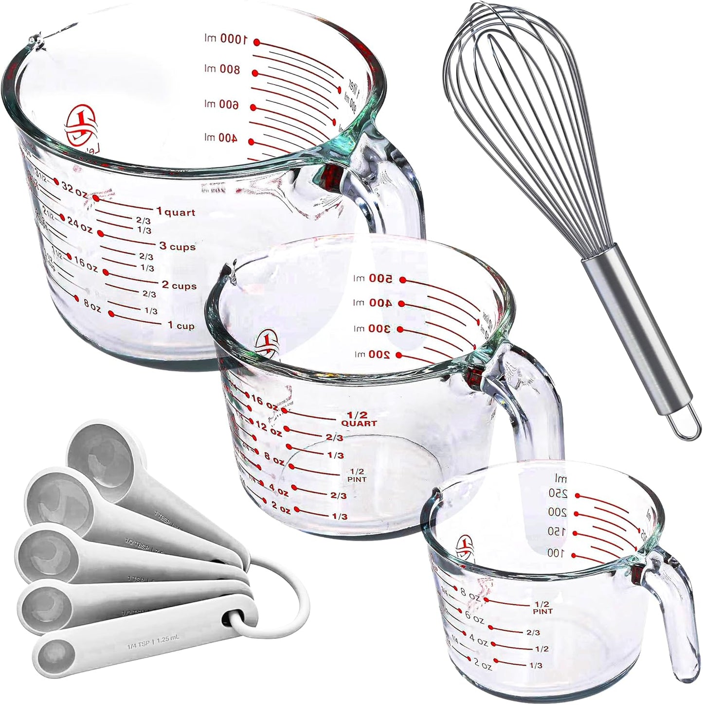 Le'raze Set of 3 Glass Measuring Cups with Measuring Spoons & Whisk - Kitchen Mixing Bowl Liquid Measure Cup, Glass Bakeware. 1 cup, 2 cup, 4 cup., Multi Size, Clear
