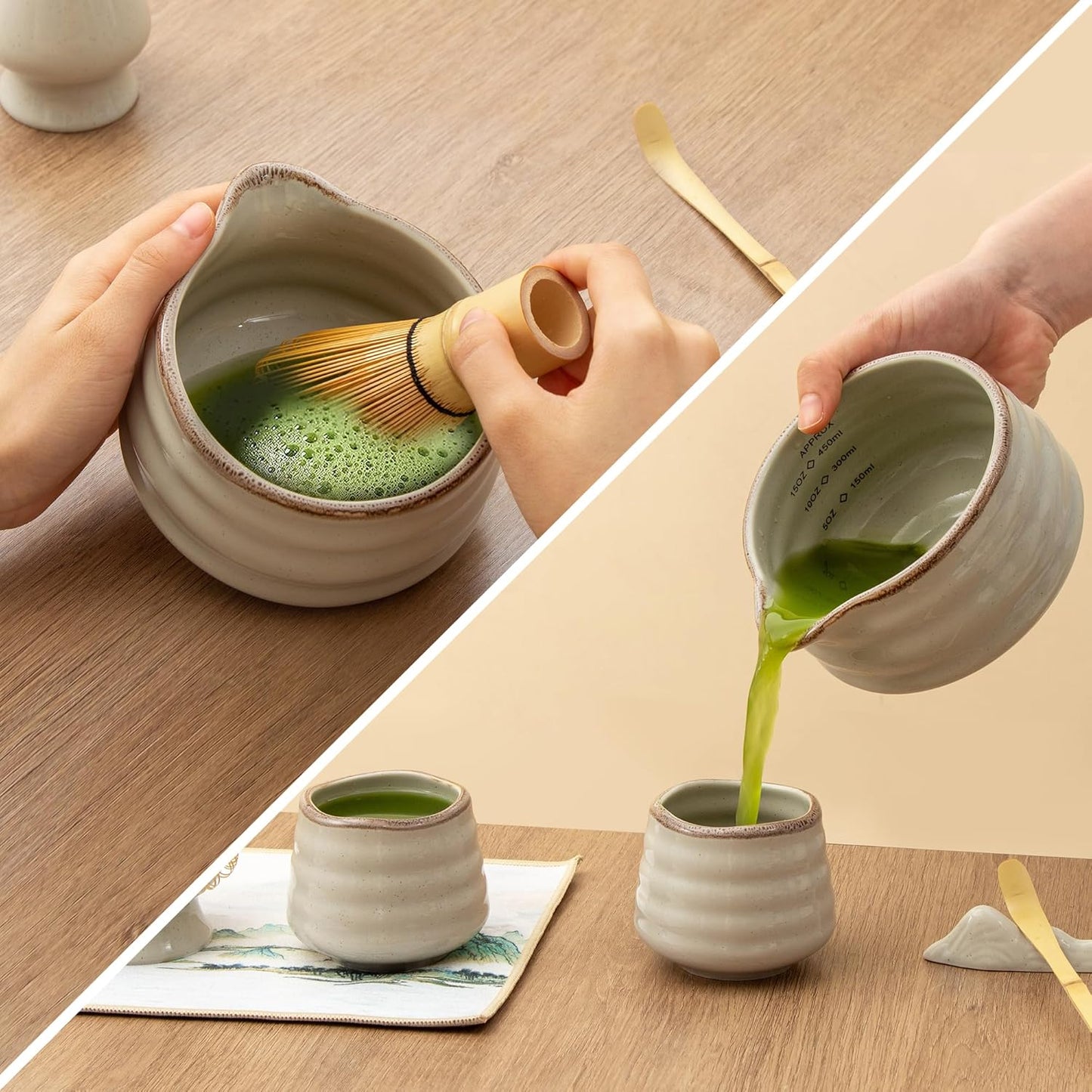 5pcs Premium Matcha Set,Ceramic Bowl with Spout and Bamboo Whisk set, Ceremonical Matcha Kit for breakfast/latte,Tea Starter Making Kit,Unique Matcha Gift set (pink love)