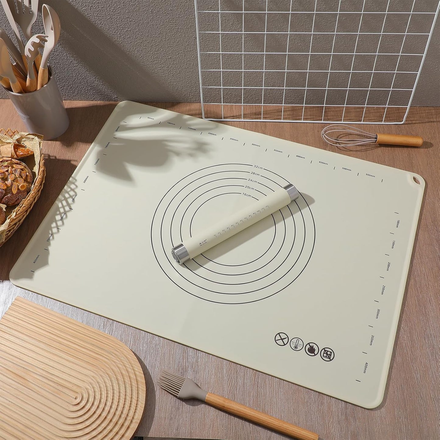 Silicone Baking Mat and Rolling Pin Set - Large Non-Slip Pastry Mat & Non Stick Dough Roller for Pizza, Pie, Pasta, Dough Cookies Baking Supplies Kitchen Accessories, 27.5x19.6inch