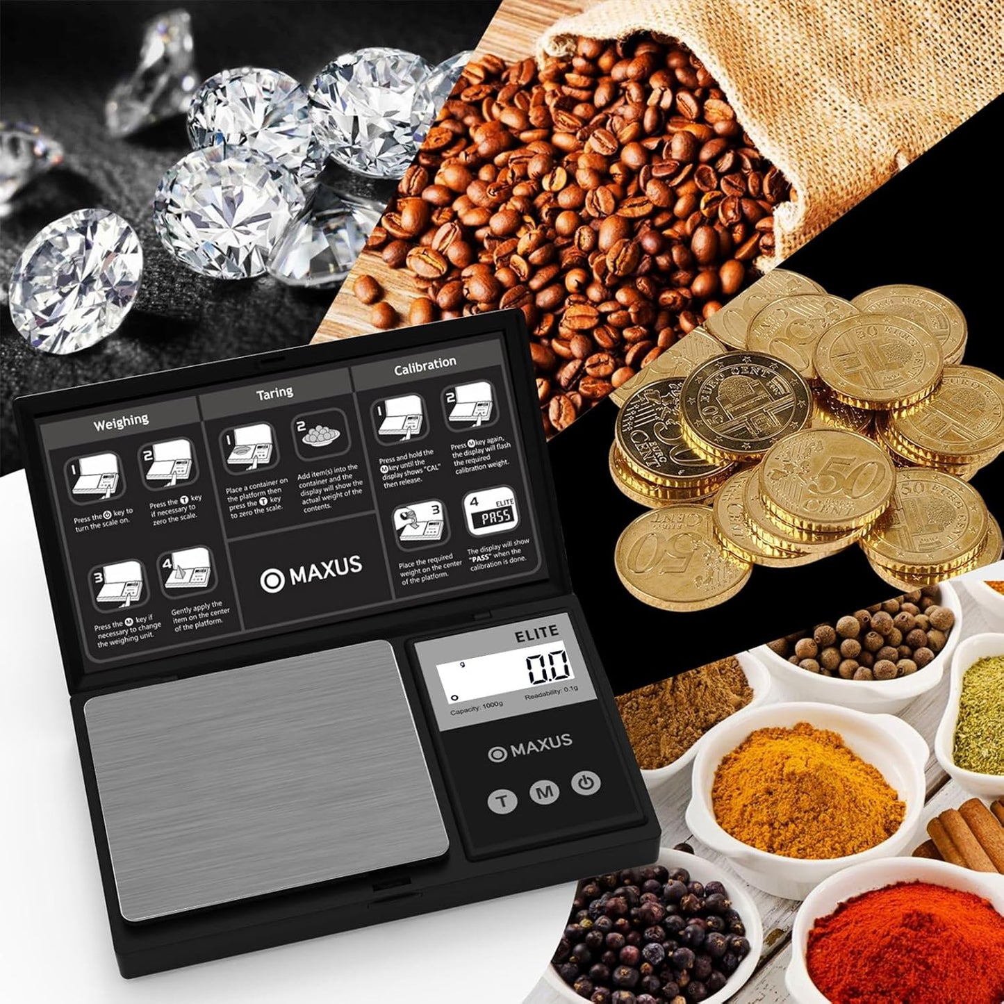 MAXUS Digital Pocket Gram Scale 500g x 0.01g High Precision with Tray, Weighs Small Food, Jewelry, Ounces, Grains, LCD Display, Tare Function