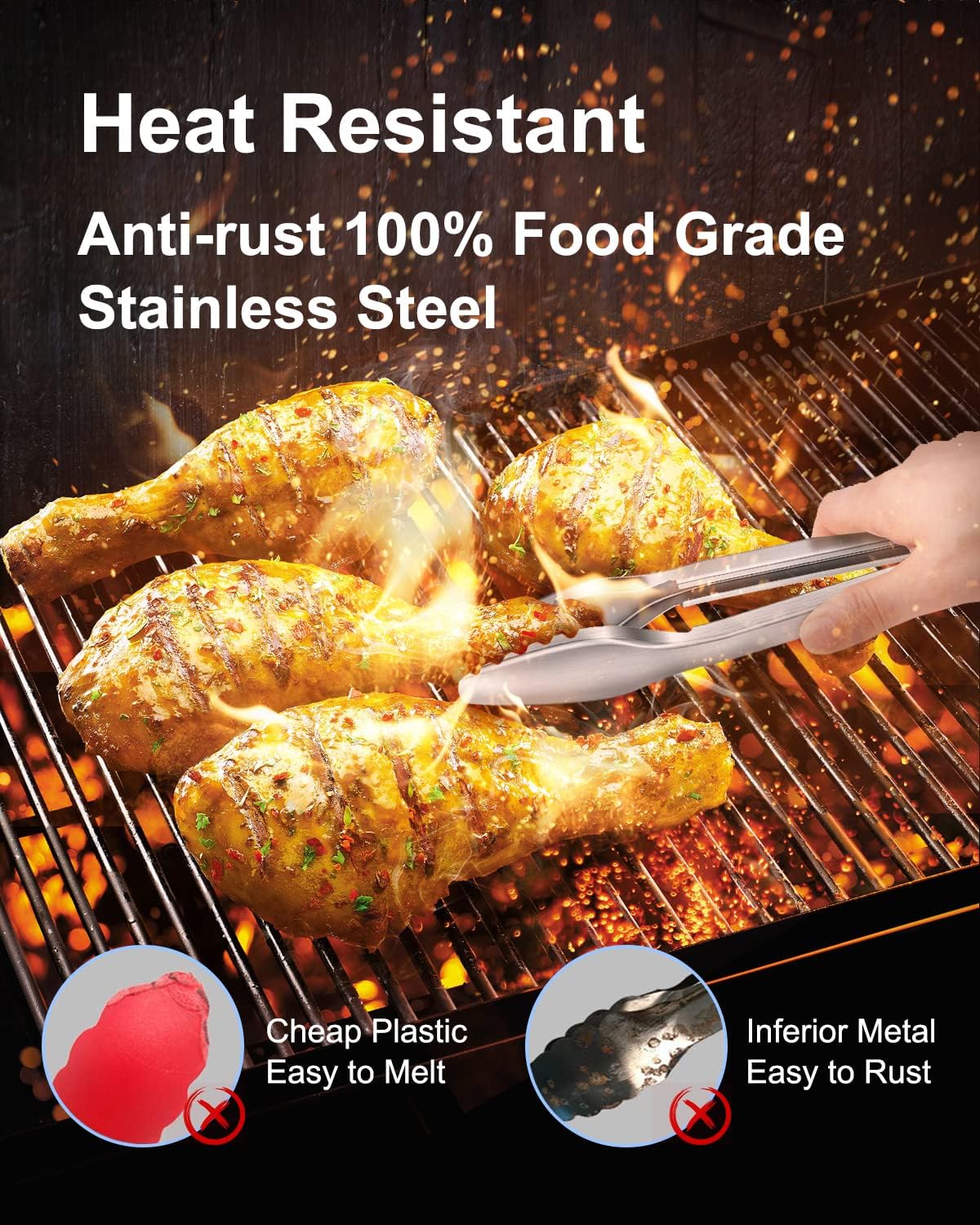600ºF Heat Resistant Kitchen Tongs, Premium Locking Cooking Tongs with Silicone Tips, Non-Slip Food Tongs for Cooking, Non-Stick, Heavy Duty Stainless Steel Handle, Set of 3-7" 9" and 12" Black