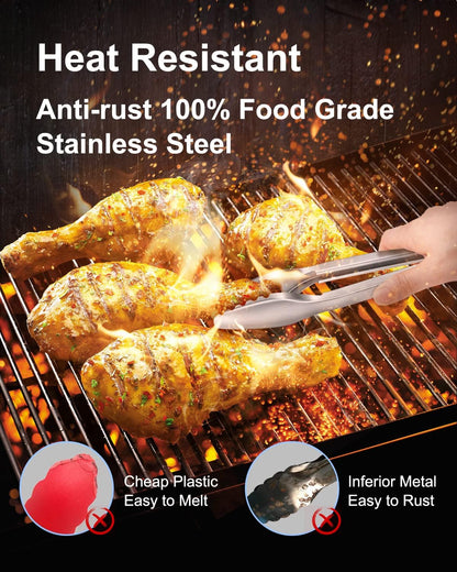 600ºF Heat Resistant Kitchen Tongs, Premium Locking Cooking Tongs with Silicone Tips, Non-Slip Food Tongs for Cooking, Non-Stick, Heavy Duty Stainless Steel Handle, Set of 3-7" 9" and 12" Black