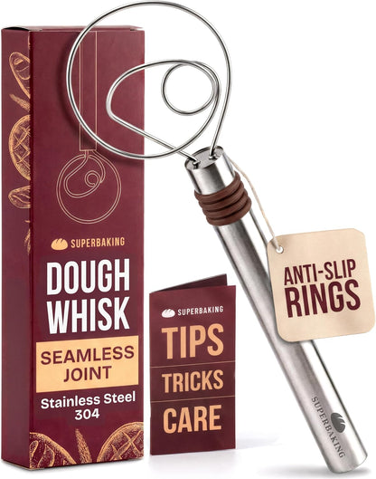Superbaking Danish Dough Whisk - 12" Bread Whisk for Dough Mixing - Single Eye Design Sourdough Whisk - Sourdough Bread Baking Supplies - Bread Making Tools and Accessories - Ergonomic Wooden Handle