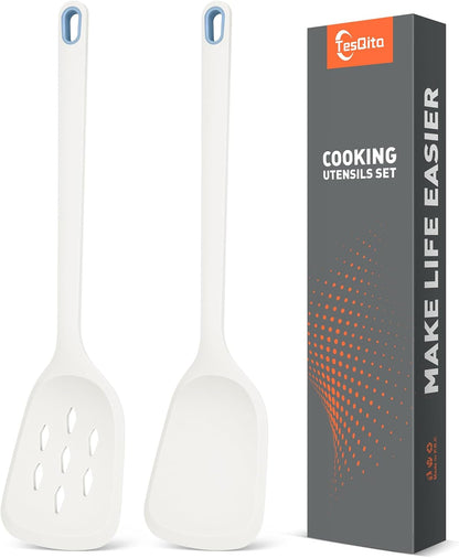 Silicone Spatula Set of 2 Pack, Heat Resistant Solid&Slotted Turner (WHITE)