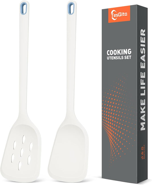 Silicone Spatula Set of 2 Pack, Heat Resistant Solid&Slotted Turner (WHITE)