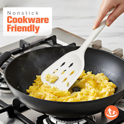 Silicone Spatula Set of 2 Pack, Heat Resistant Solid&Slotted Turner (WHITE)