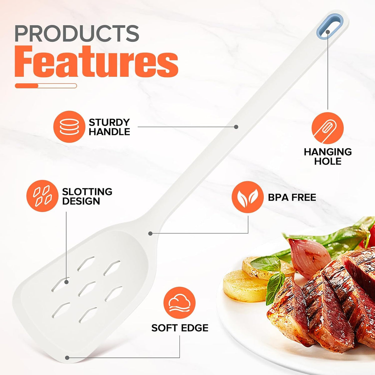 Silicone Spatula Set of 2 Pack, Heat Resistant Solid&Slotted Turner (WHITE)