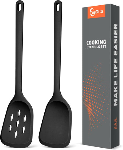 Silicone Spatula Set of 2 Pack, Heat Resistant Solid&Slotted Turner (WHITE)