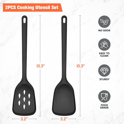 Silicone Spatula Set of 2 Pack, Heat Resistant Solid&Slotted Turner (WHITE)
