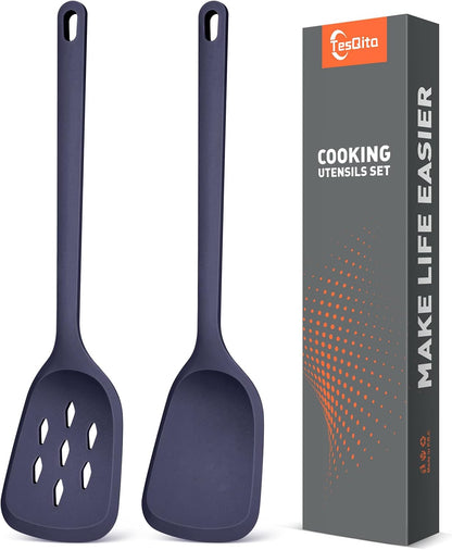 Silicone Spatula Set of 2 Pack, Heat Resistant Solid&Slotted Turner (WHITE)