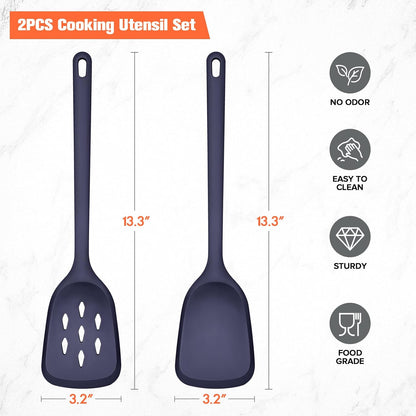 Silicone Spatula Set of 2 Pack, Heat Resistant Solid&Slotted Turner (WHITE)
