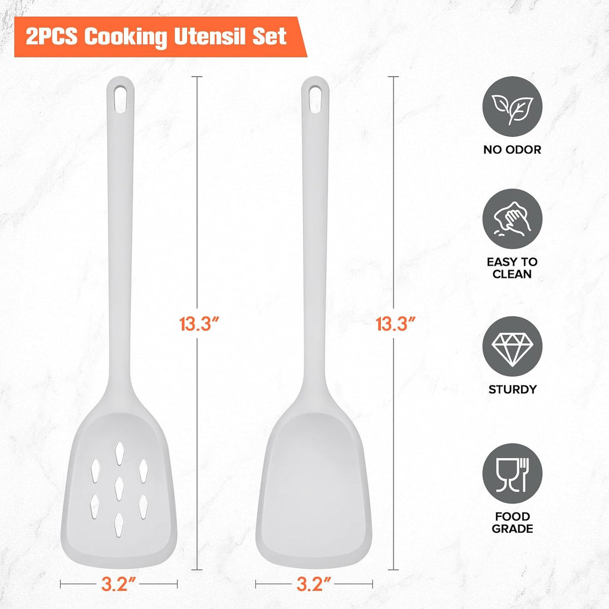 Silicone Spatula Set of 2 Pack, Heat Resistant Solid&Slotted Turner (WHITE)
