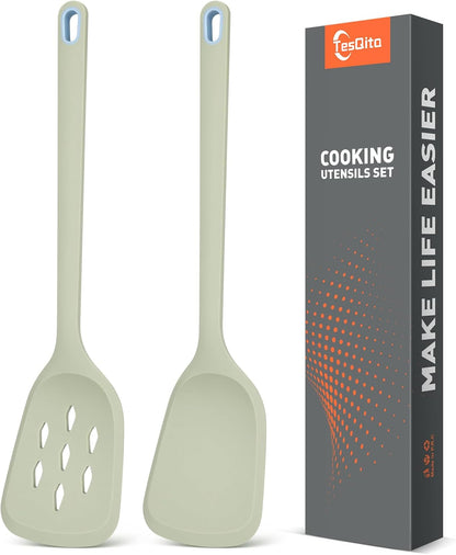 Silicone Spatula Set of 2 Pack, Heat Resistant Solid&Slotted Turner (WHITE)
