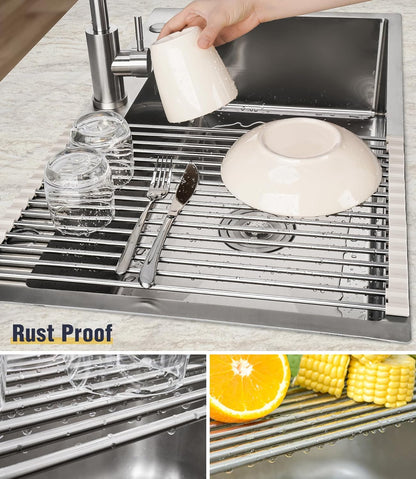 Tomorotec 17.7" x 15.5" Roll Up Dish Drying Rack Over Sink Drying Rack Sink Cover Kitchen Sink Accessories Gadget Multipurpose Organizer Foldable Stainless Steel Drainer