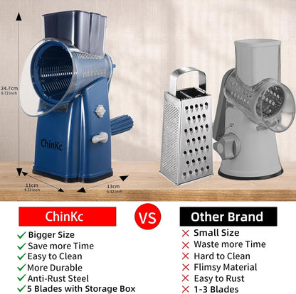 Upgrade Rotary Cheese Grater Shredder with Handle, Strong Suction Base, Multi-purpose Rotary Grater Slicer with 5 Interchangeable Blades for Ice, Vegetables, Fruit, Nuts with Blade Storage Box