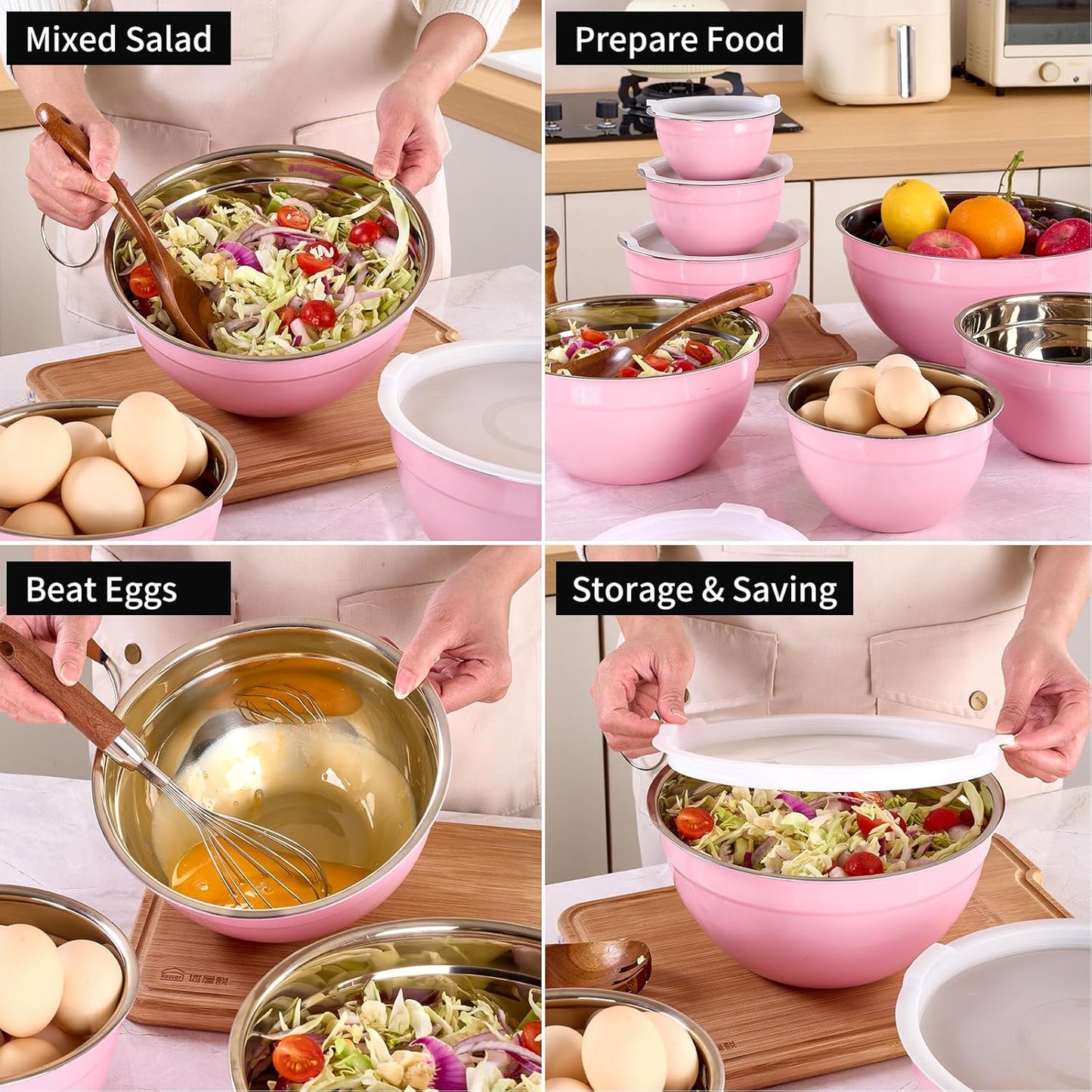 Red Mixing Bowls with Lids Set of 7, Stainless Steel Nesting Bowl with Khaki Lid for Non-slip Mixing Prepping Storing Serving, 7 Sizes-7/3.6/2.7/2.1/1.5/1/0.8 QT
